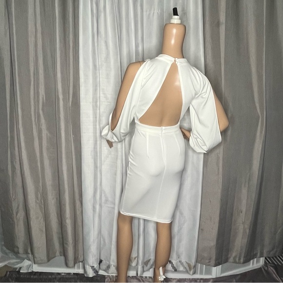 White Sheath Dress with Bishop Sleeves and Cold Shoulder - Picture 3 of 11